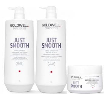 Goldwell Dualsenses Just Smooth Taming Shampoo 1000ml, Conditioner 1000ml and 60sec Treatment 200ml