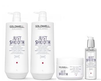 Goldwell Dualsenses Just Smooth Taming Shampoo 1000ml, Conditioner 1000ml, 60sec Treatment 200ml, Oil 100ml