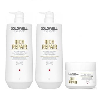Goldwell Dualsenses Rich Repair Shampoo 1000ml, Conditioner 1000ml and 60sec Treatment 200ml