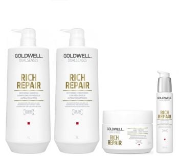 Goldwell Dualsenses Rich Repair Shampoo 1000ml, Conditioner 1000ml, 60sec Treatment 200ml, 6 Effects Serum 100ml