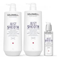 Goldwell Dualsenses Just Smooth Taming Shampoo 1000ml, Conditioner 1000ml and Oil 100ml